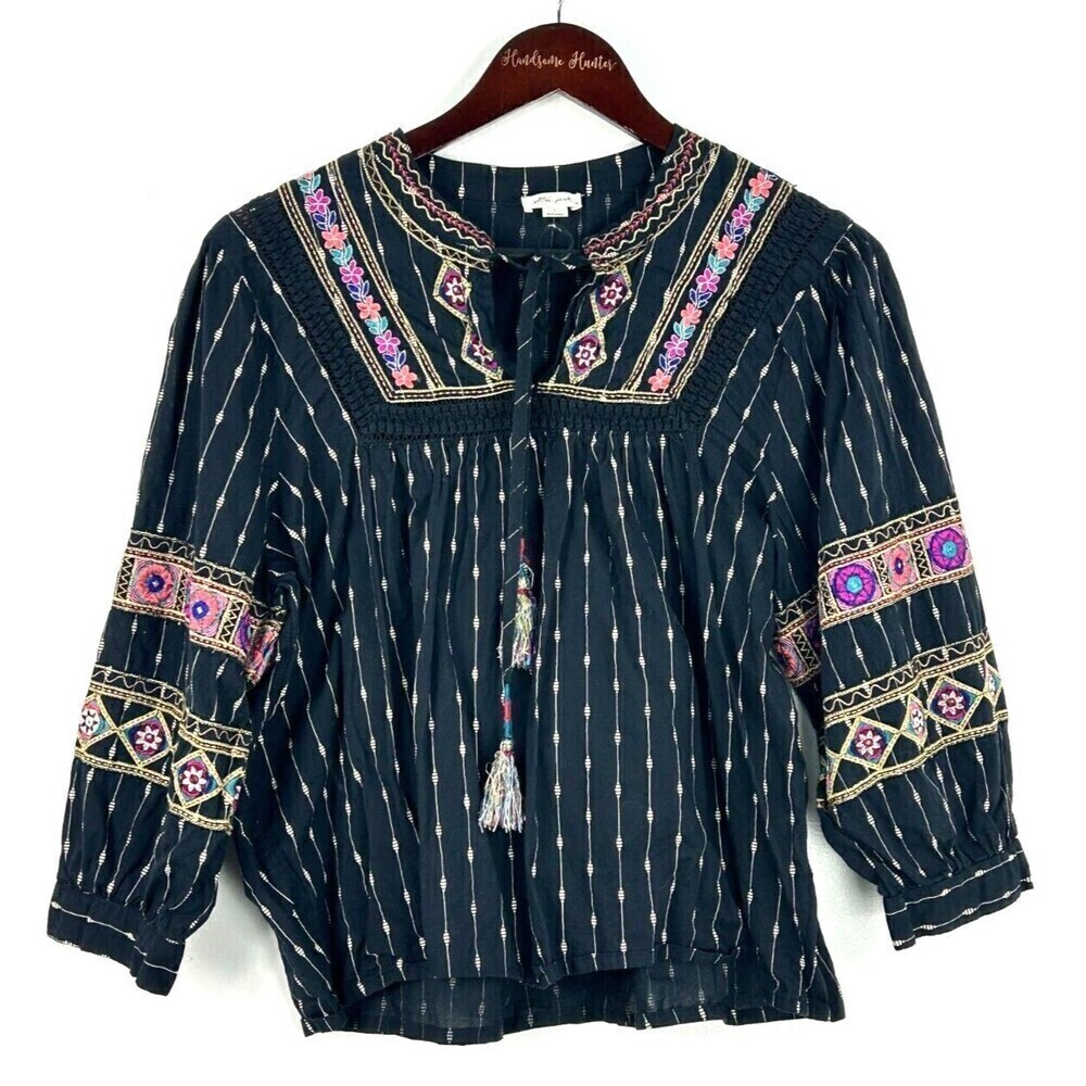 Ultra Pink Women L Top Black Gold Embroider Puff Sleeve Tassel Boho Festival N1 - Picture 4 of 12